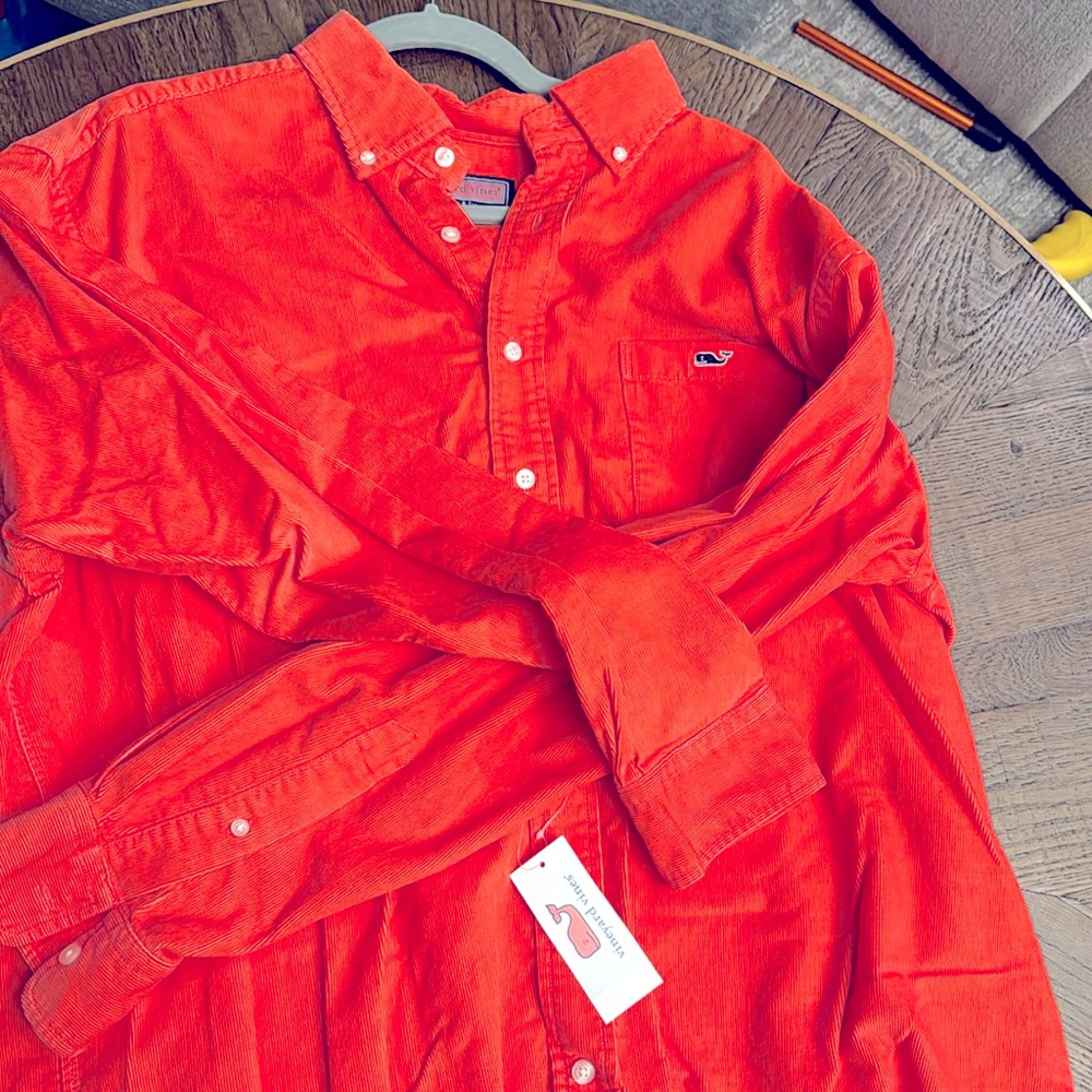 Vinyard Vines Corduroylong sleeve orange button up shirt. Formal. Southern.